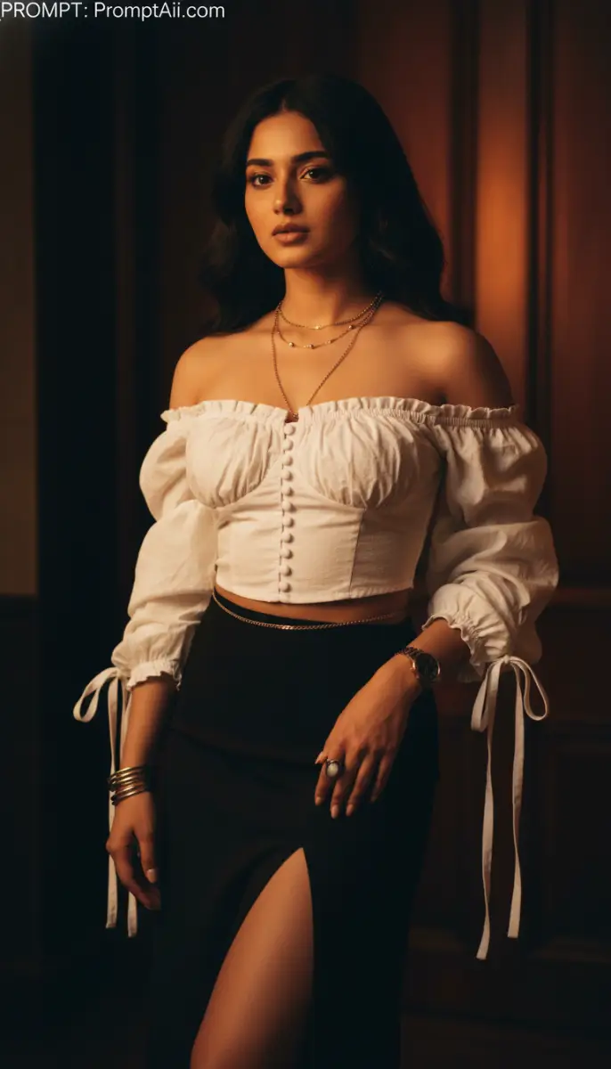 Moody Portrait in Off-Shoulder White Top and High-Slit Skirt