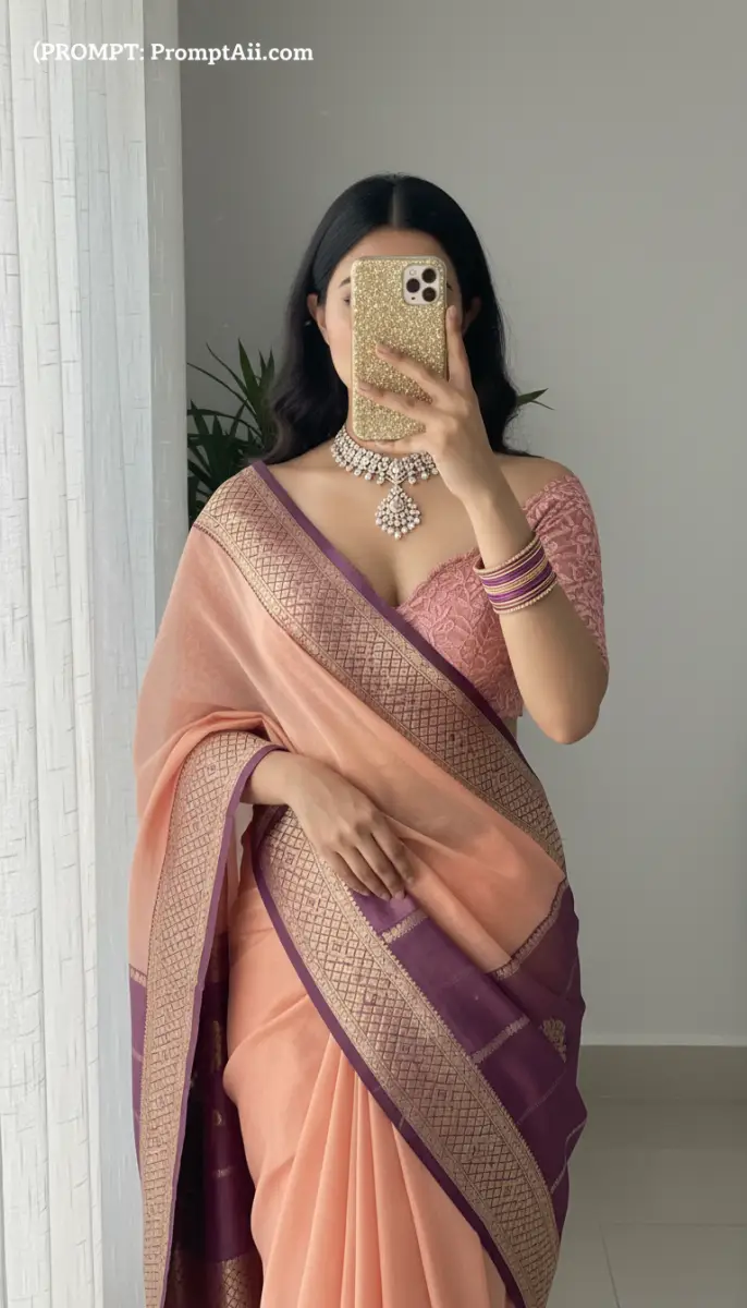 Traditional Elegance: Peach Saree with Purple Zari Border and Statement Choker