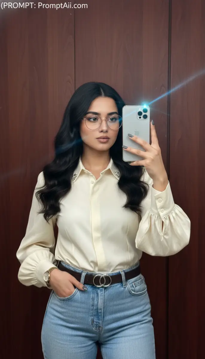 Chic Elevator Selfie in Cream Blouse and High-Waisted Jeans