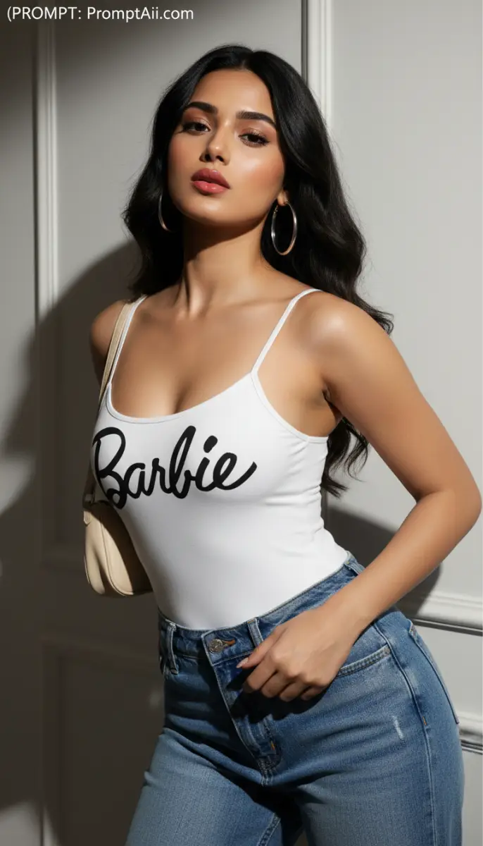 Glamorous Portrait: Woman in Barbie Logo Top and Denim