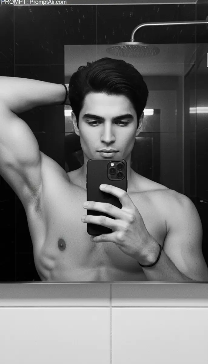 Monochrome Mirror Selfie of a Muscular Man