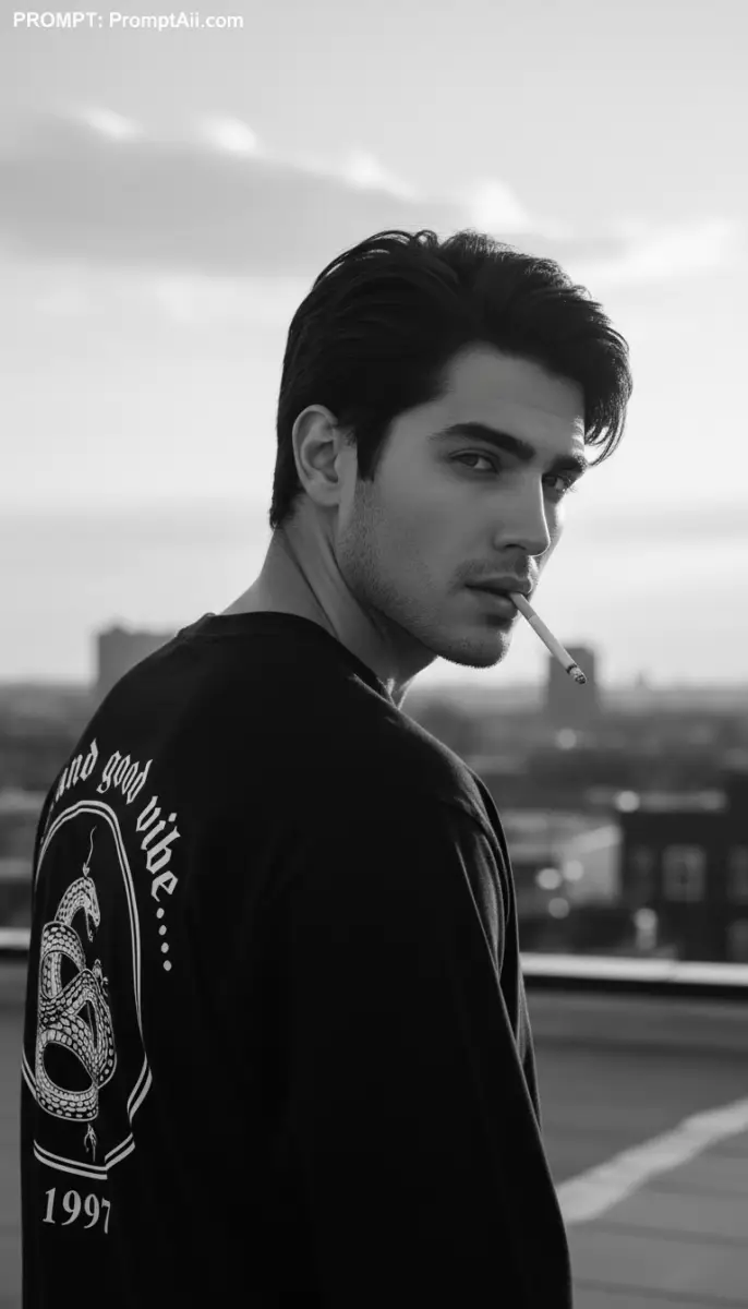 Moody Black and White Rooftop Portrait