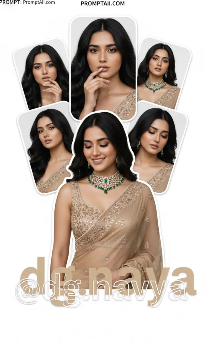 Elegant Indian Model Posing in Embroidered Gold Saree and Emerald Jewelry