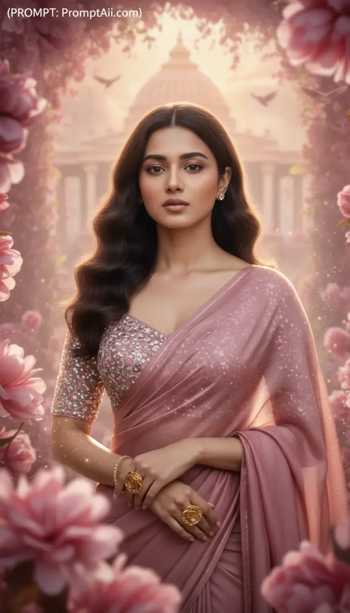 Ethereal Indian Beauty in Mauve Saree and Peony Garden