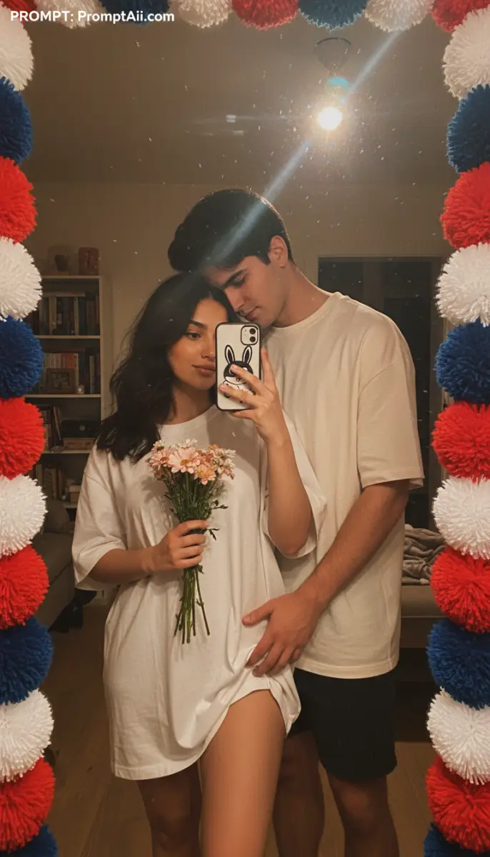 Intimate Mirror Selfie of Couple with Flowers