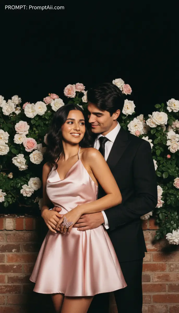 Elegant Couple in Front of Rose Wall