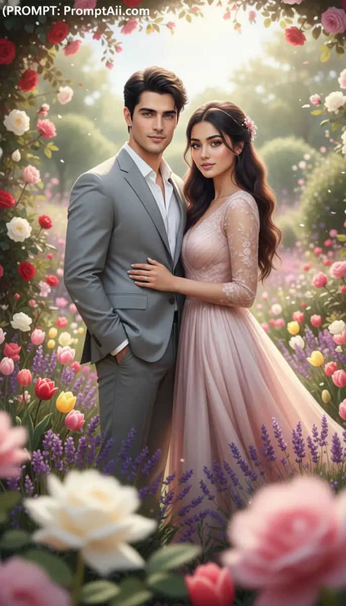 Elegant Couple Embracing in a Lush Floral Garden