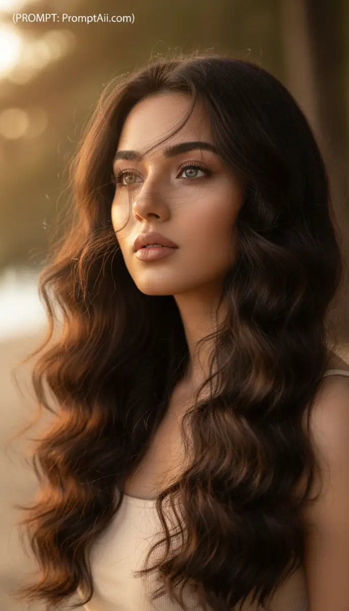 Golden Hour Portrait of a Serene Woman with Wavy Hair