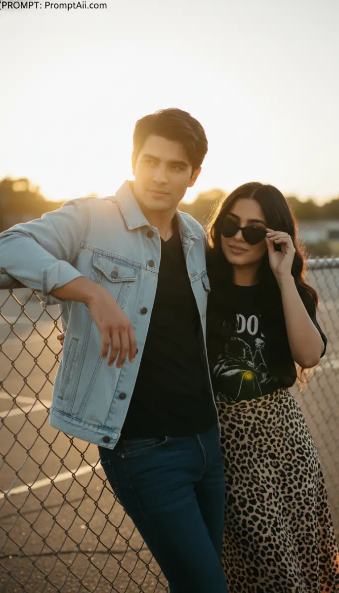 Stylish Couple Leaning on a Chain-Link Fence at Golden Hour