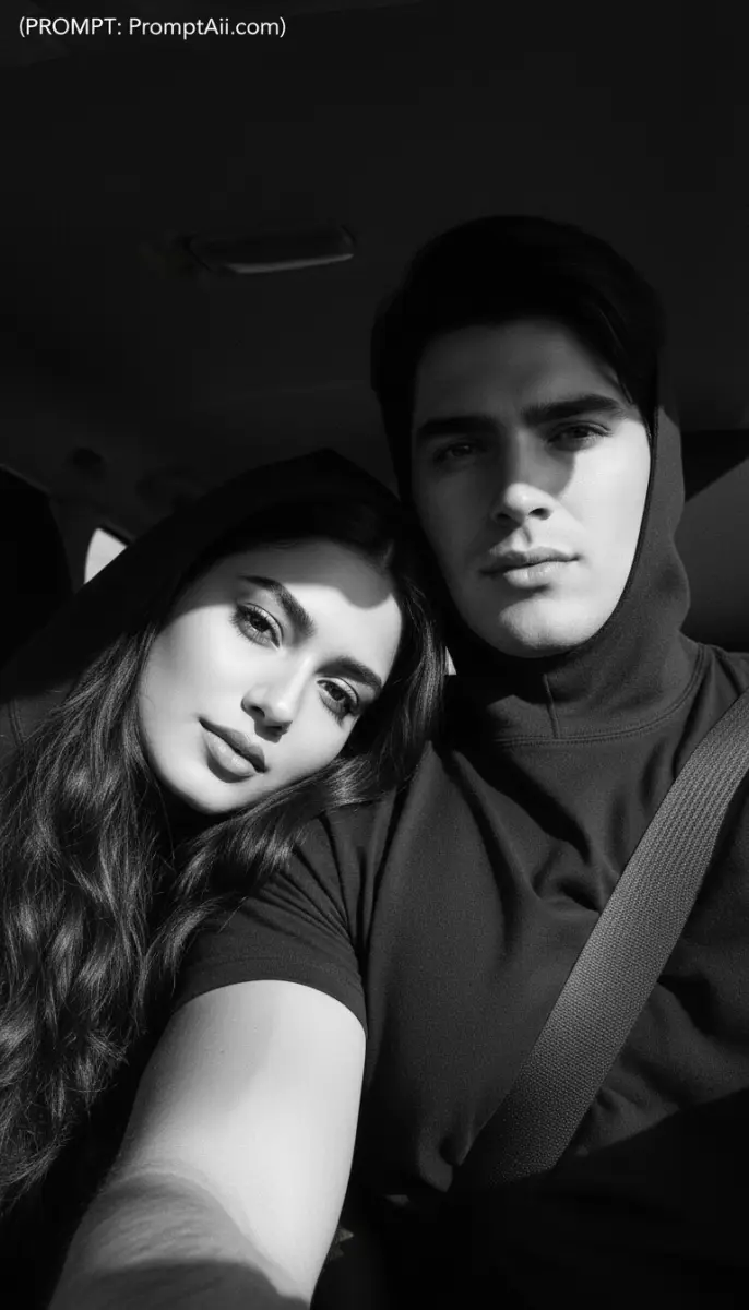 Intimate Black and White Car Selfie