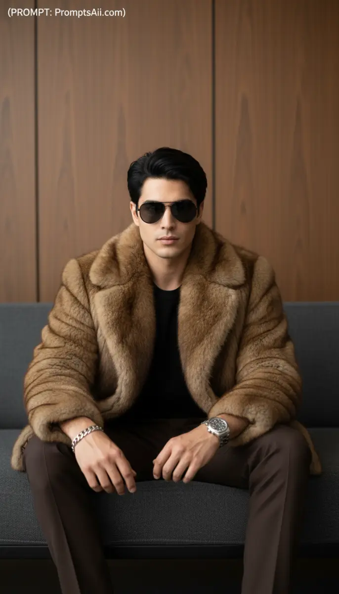 Portrait of a Man in a Luxurious Brown Fur Coat and Aviator Sunglasses