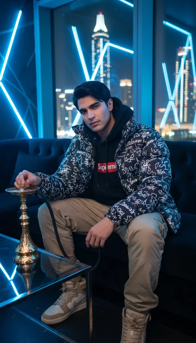 Urban Night Portrait with Hookah and City Skyline