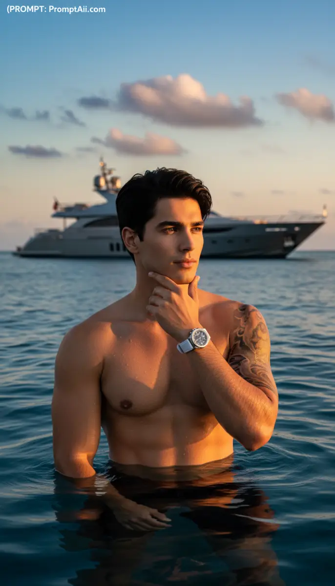 Handsome Model in Ocean at Golden Hour with Luxury Yacht and Watch