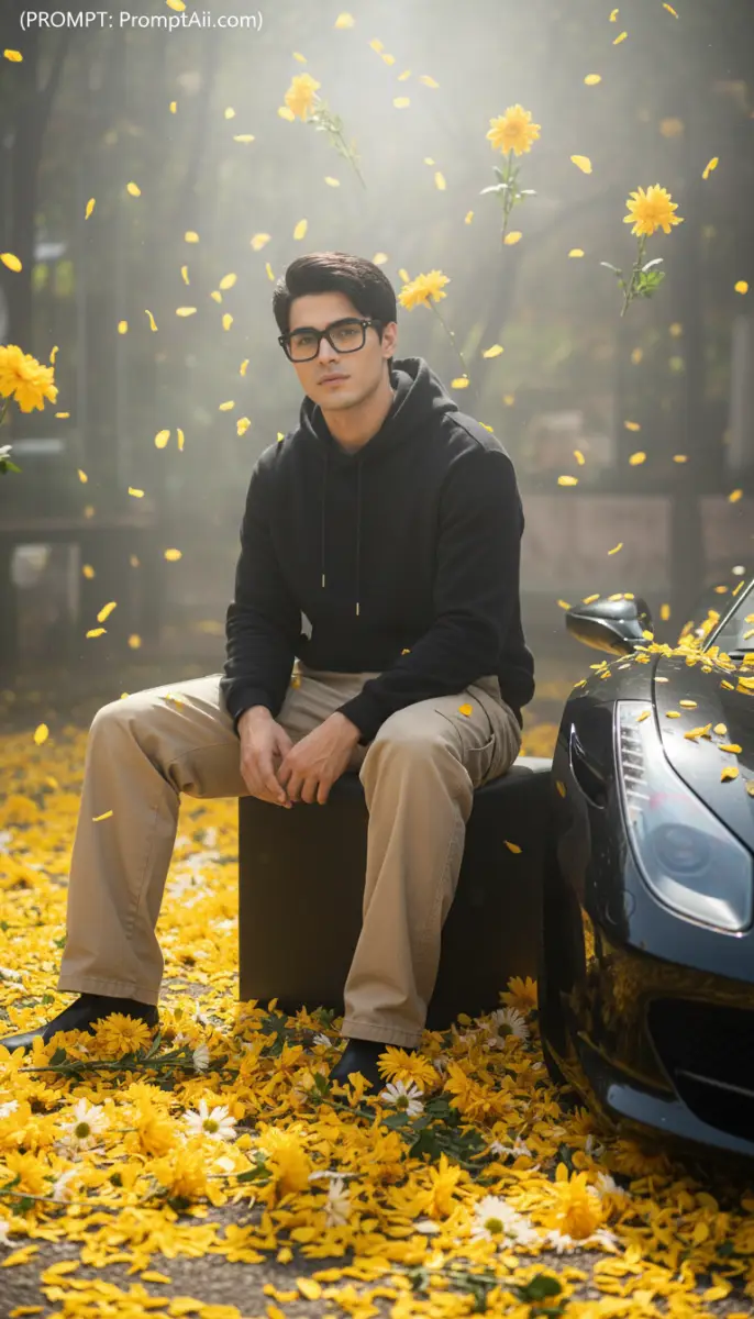 Stylish Portrait with Yellow Mums and Sports Car