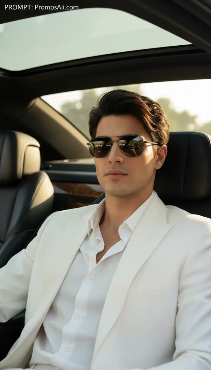 Summer Sophistication: Man in White Suit in a Luxury Car