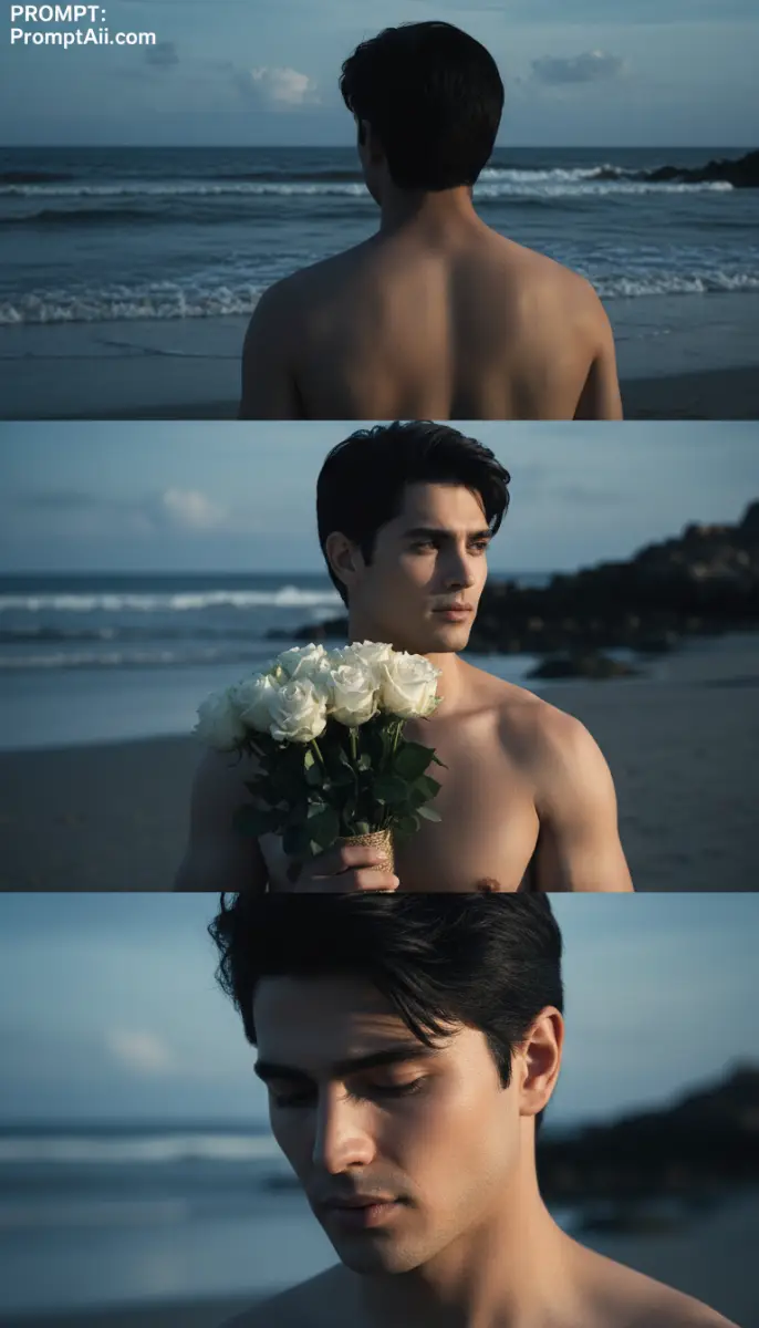 Pensive Beach Triptych: A Man, The Sea, and White Roses