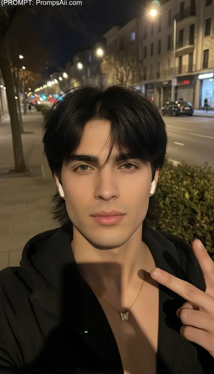 Aesthetic Night City Selfie with Butterfly Pendant