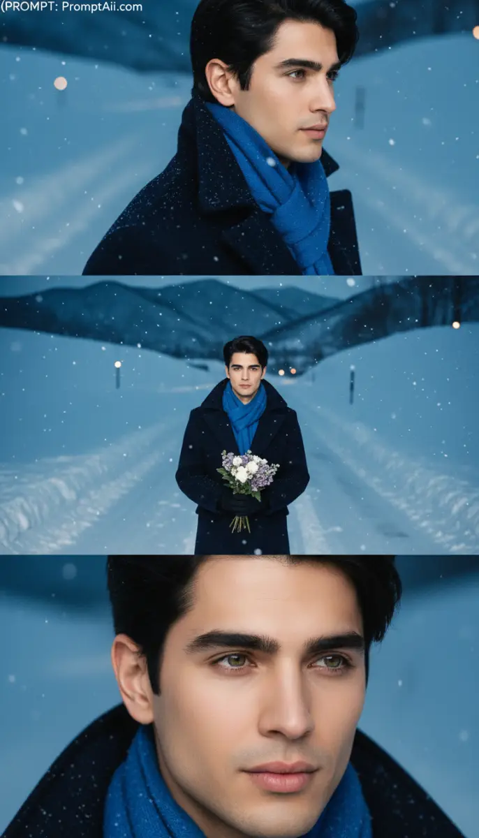 Winter Portrait of a Man Holding Flowers in Snow