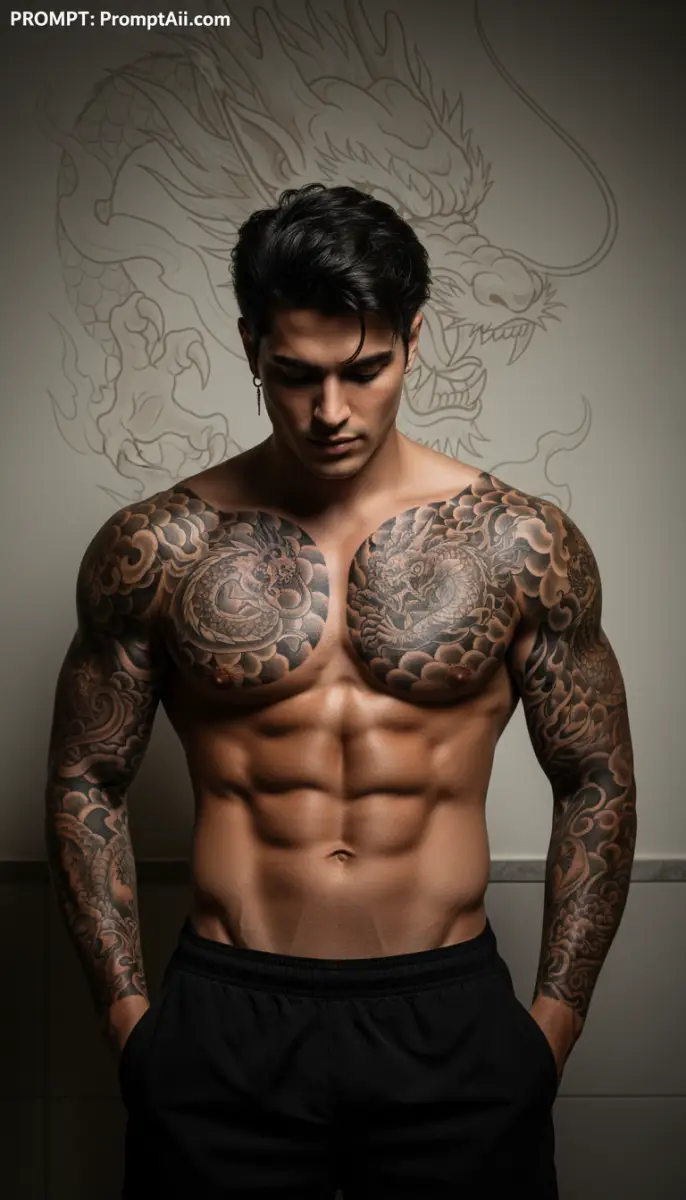 Muscular Man with Full Chest and Sleeve Dragon Tattoos
