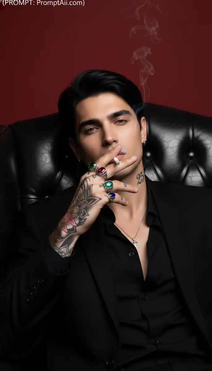 Intense Portrait of a Tattooed Man Smoking in a Black Suit