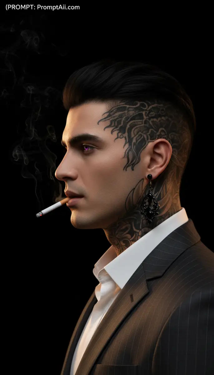 Gothic Gentleman: Profile Portrait with Tattoos and Violet Eyes