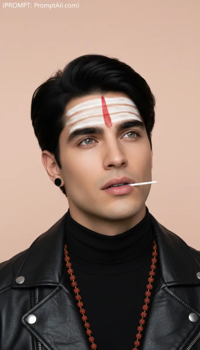 Modern Portrait of a Man with Tilak, Leather Jacket, and Rudraksha Mala