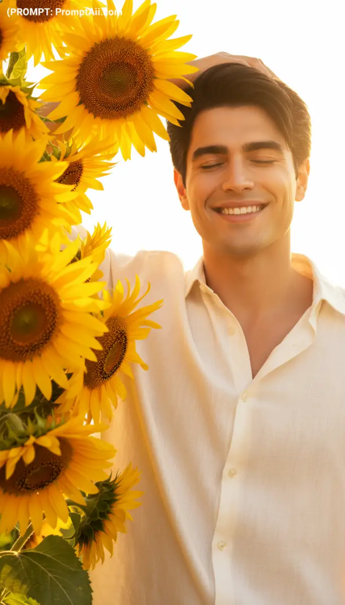 Man Smiling with Sunflowers at Golden Hour
