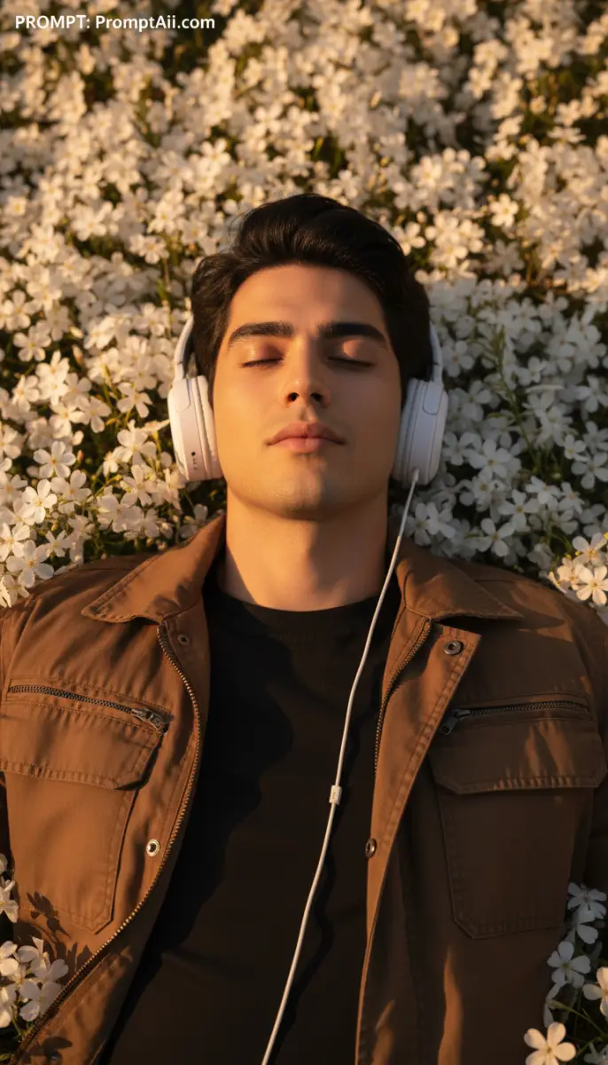 Tranquil Escape: Man Relaxing in Field of White Flowers at Sunset