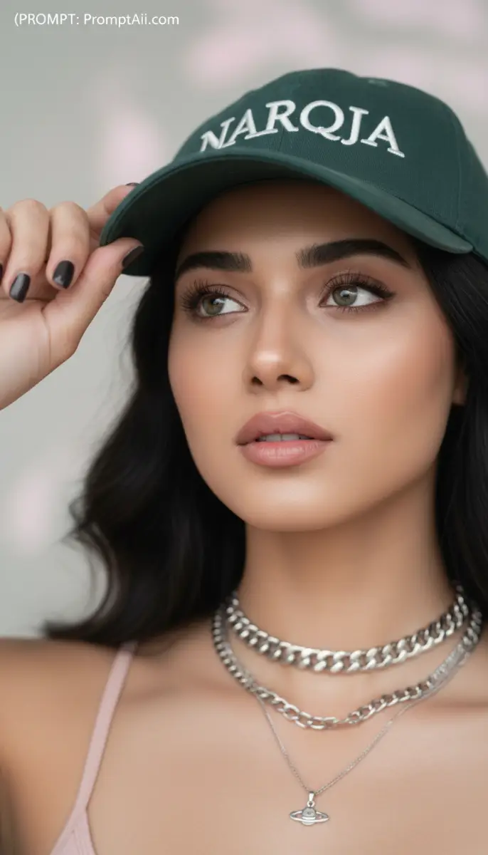 Captivating Portrait in Green Cap and Layered Silver Chains
