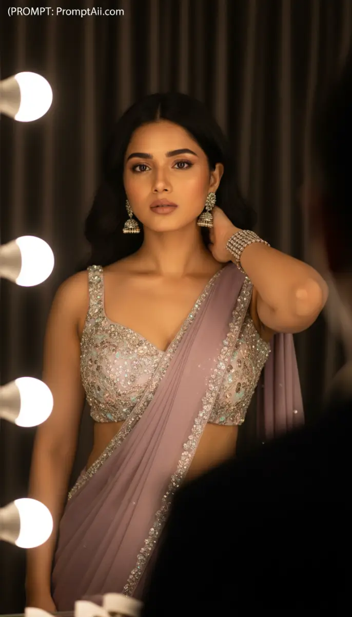 Elegant Woman in Saree Under Vanity Lights