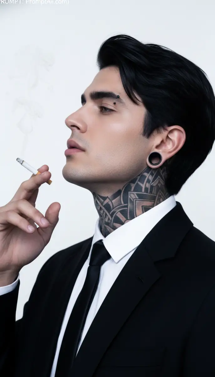 Tattooed Man in Black Suit Smoking