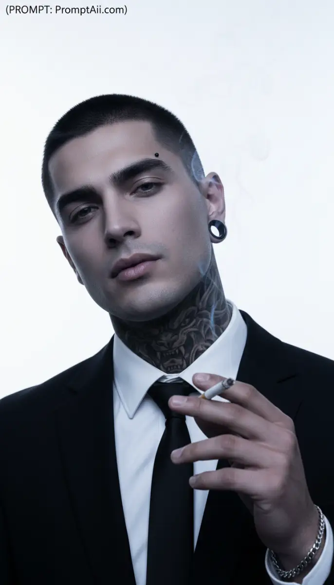 Edgy Professional with Neck Tattoo and Cigarette