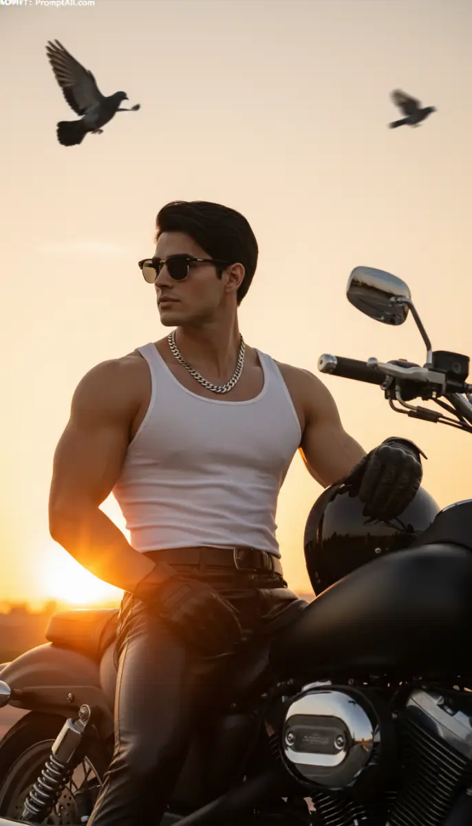 Golden Hour Rider: Muscular Man on Motorcycle at Sunset