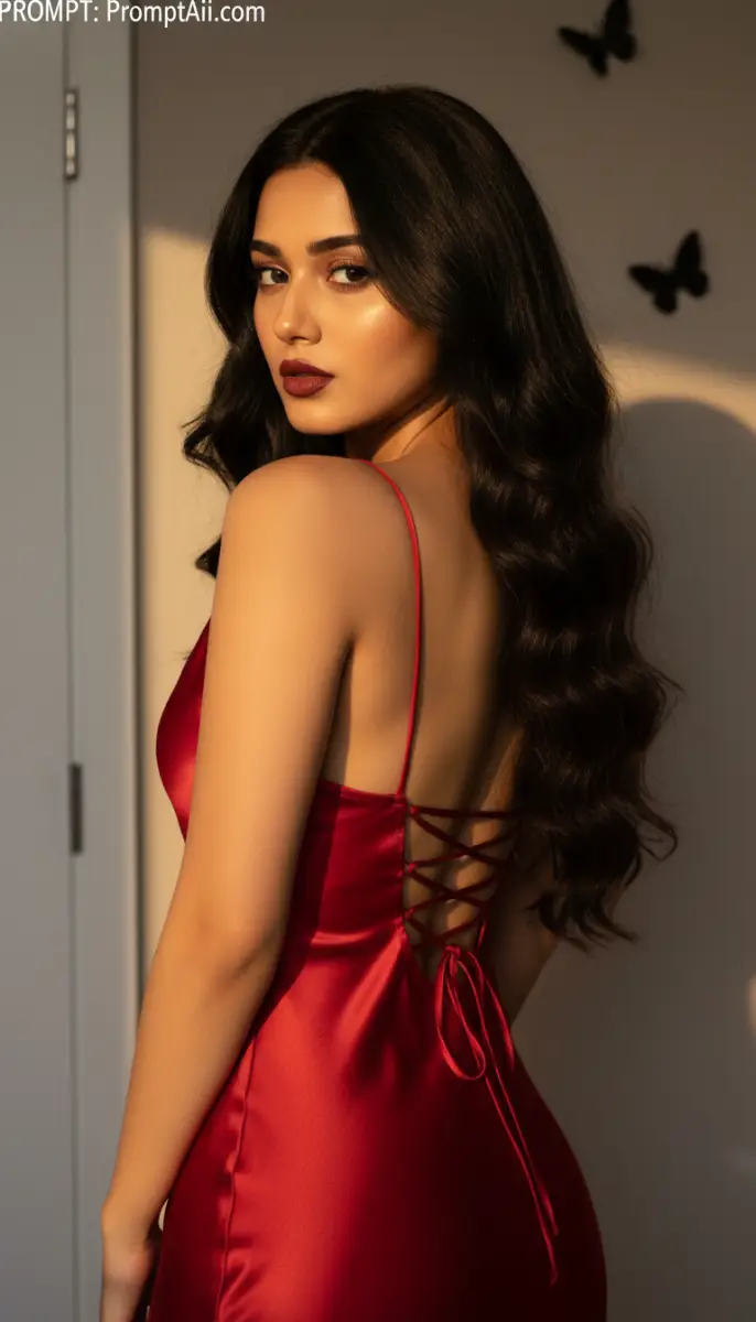 Elegant Woman in Red Satin Slip Dress at Golden Hour