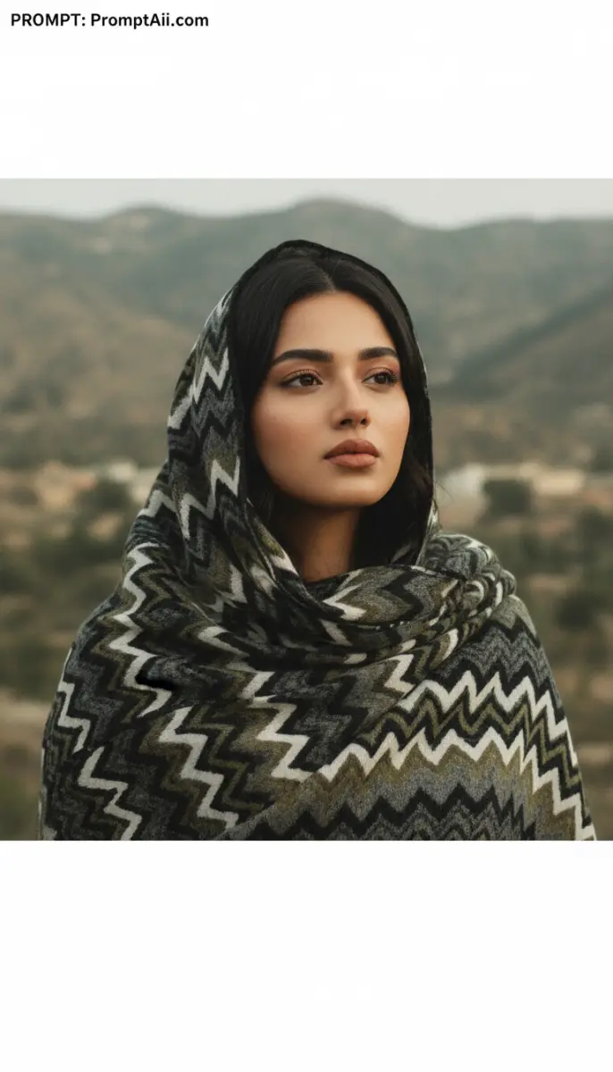 Contemplative Portrait in Chevron Scarf Against Mountain Backdrop