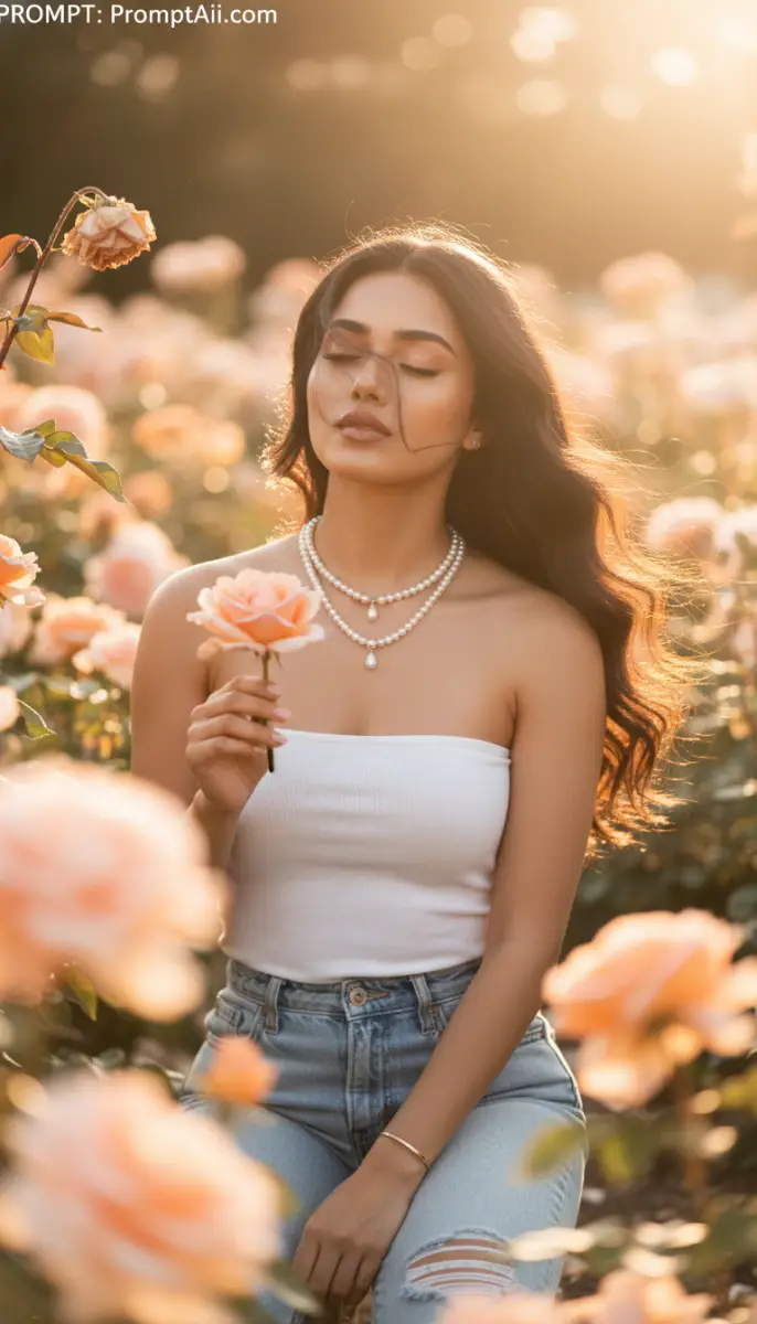 Golden Hour Serenity: Woman with Roses and Pearls