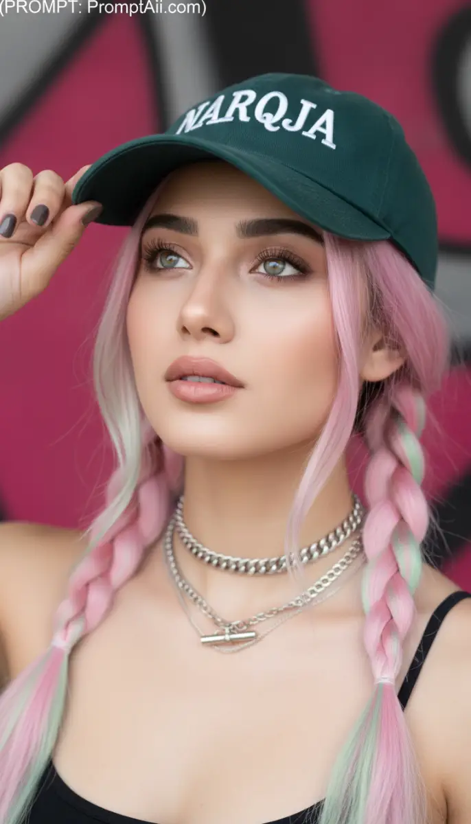 Portrait of a Woman in a Baseball Cap with Pink and Mint Braids