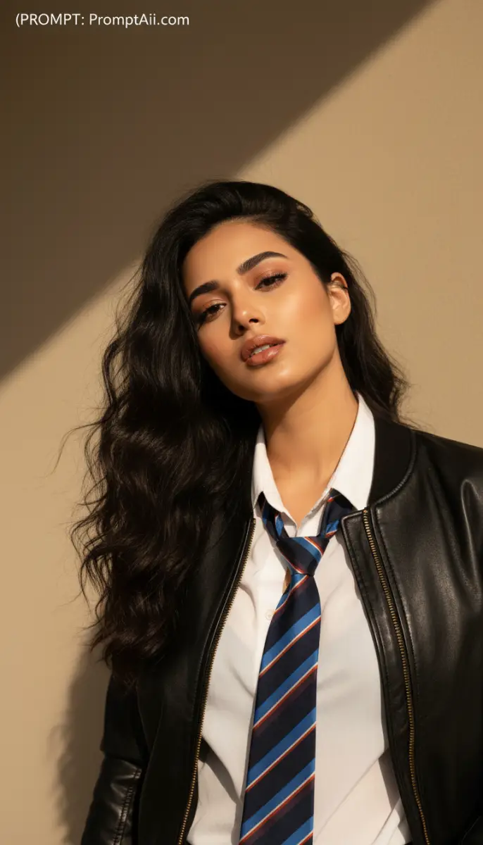 Fashion Portrait in Leather Jacket and Striped Tie