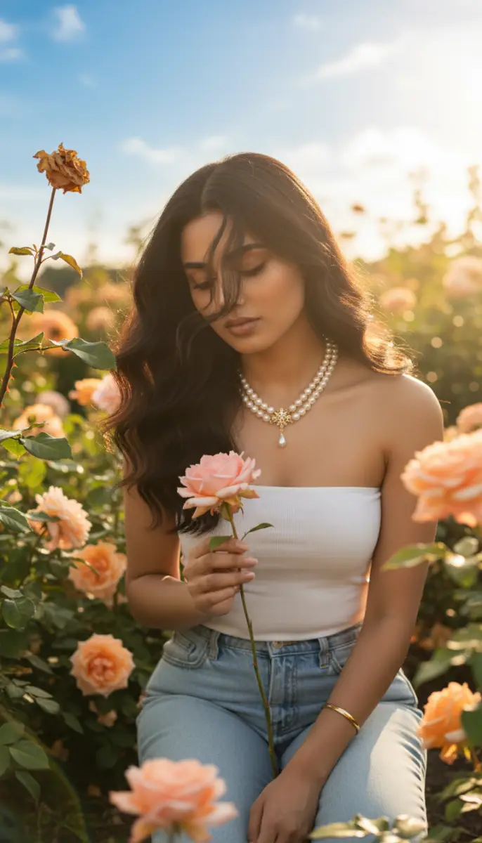 Golden Hour Portrait of a Woman Holding a Rose in a Peach Garden