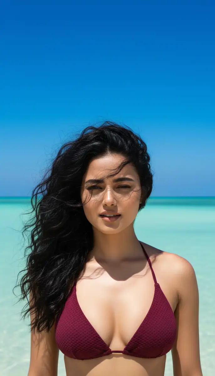 Stunning Tropical Portrait of a Woman in a Burgundy Bikini