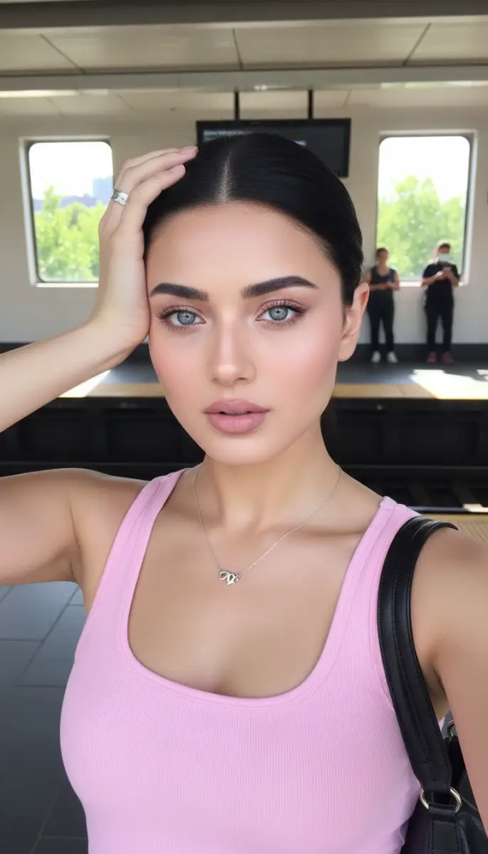 Blue-Eyed Woman Posing at Train Station