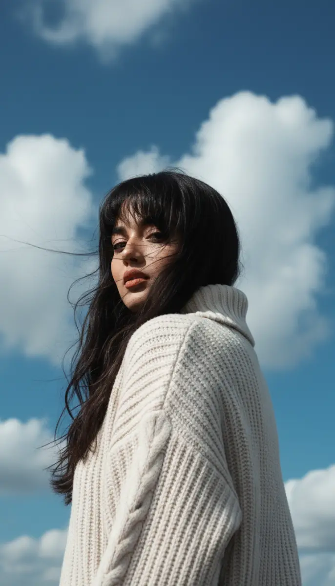 Windswept Portrait in Cream Cable Knit Sweater