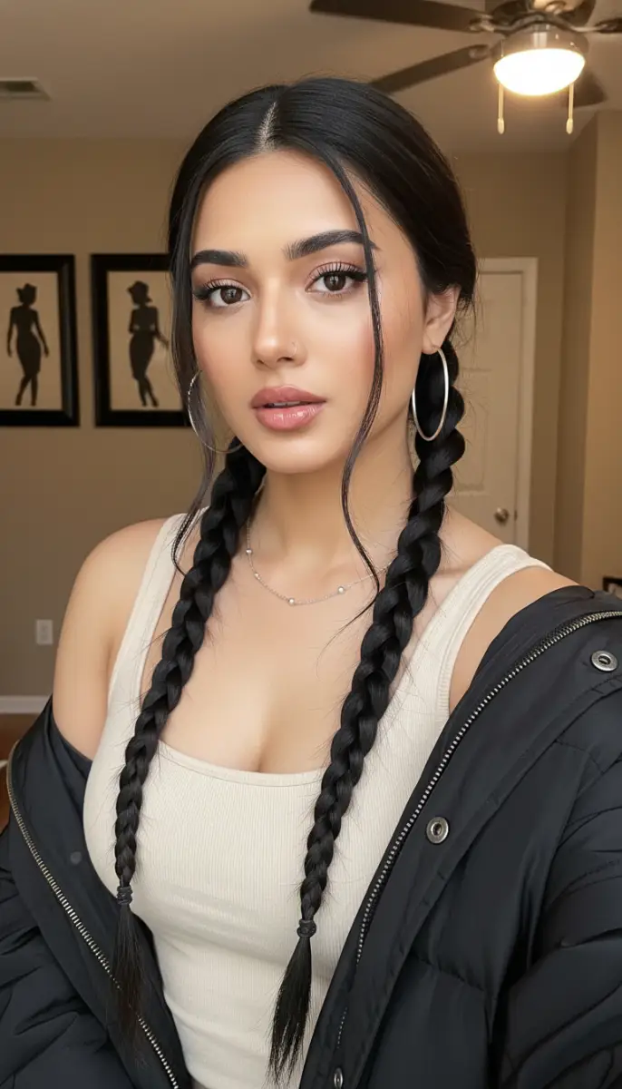 Brunette Woman with Pigtail Braids, Glam Makeup, and Puffer Jacket