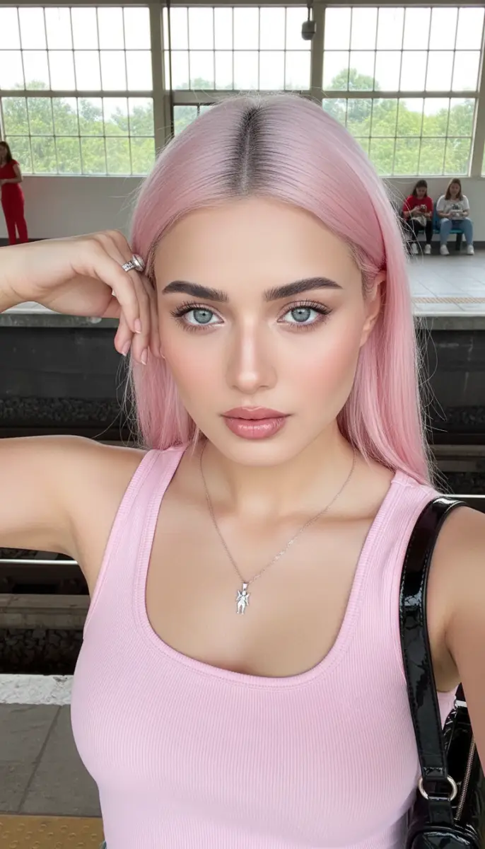 Striking Portrait of Woman with Pink Hair at Train Platform