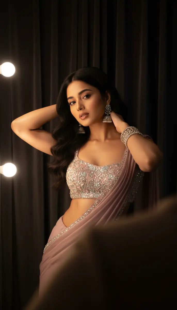 Elegant Portrait in Dusty Rose Saree and Sequin Blouse