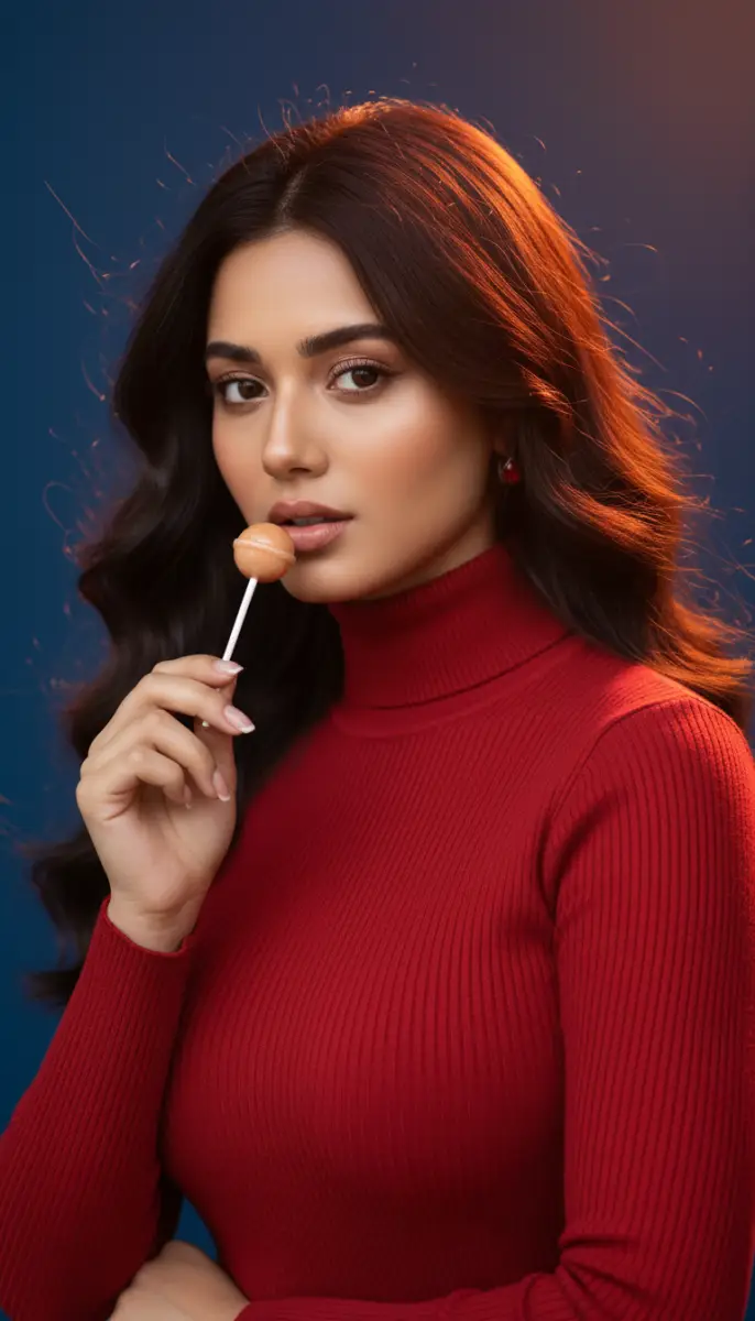 Dramatic Studio Portrait of Woman in Red Turtleneck Holding a Lollipop