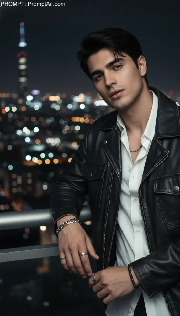 Portrait of a Stylish Man in a Leather Jacket on a Night City Balcony
