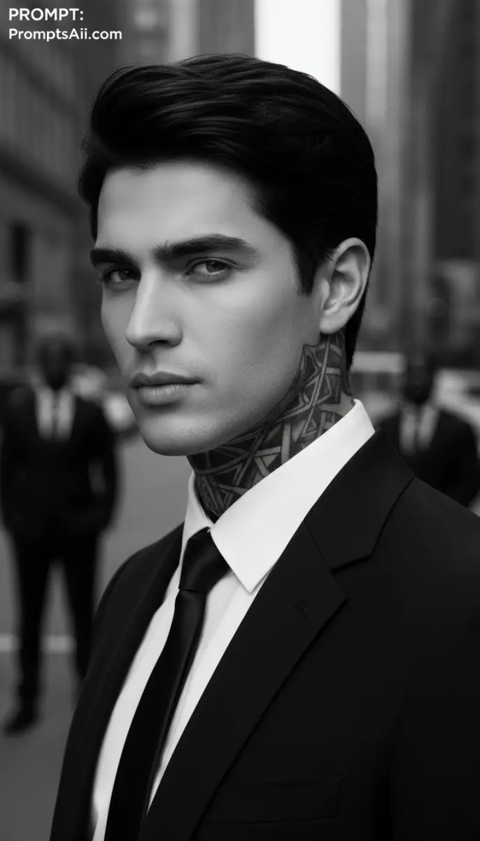 Monochrome Power: Man in Suit with Geometric Neck Tattoo
