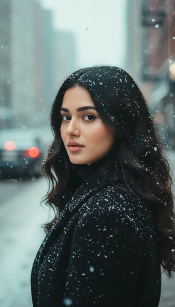 Striking Portrait of a Woman in Snowfall