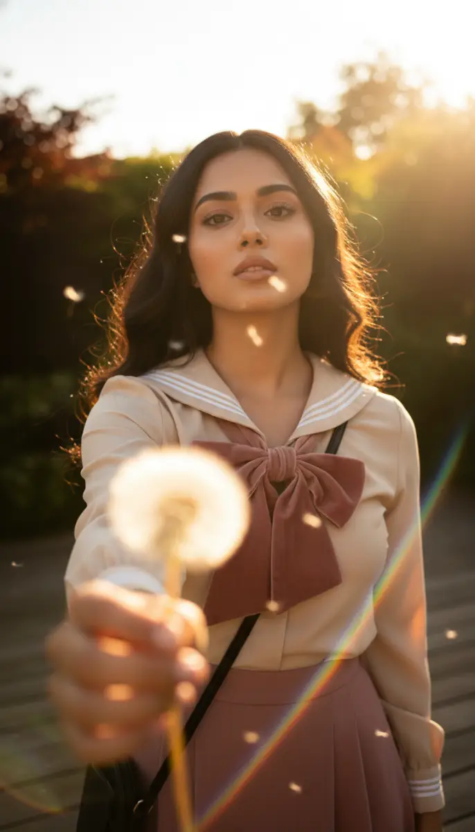 Golden Hour Portrait with Dandelion and Lens Flare